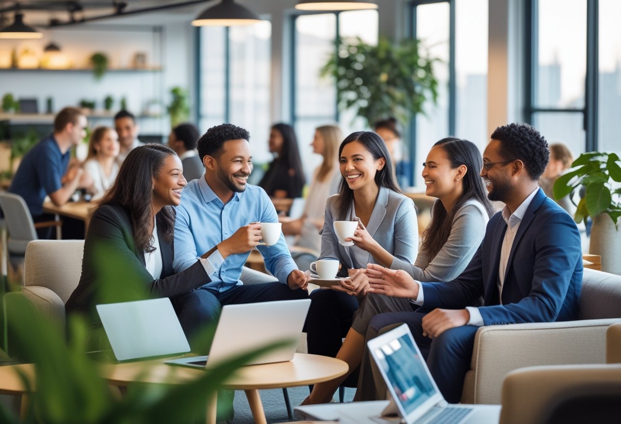 People in a modern office talking and connecting in small groups with laptops and coffee cups nearby.