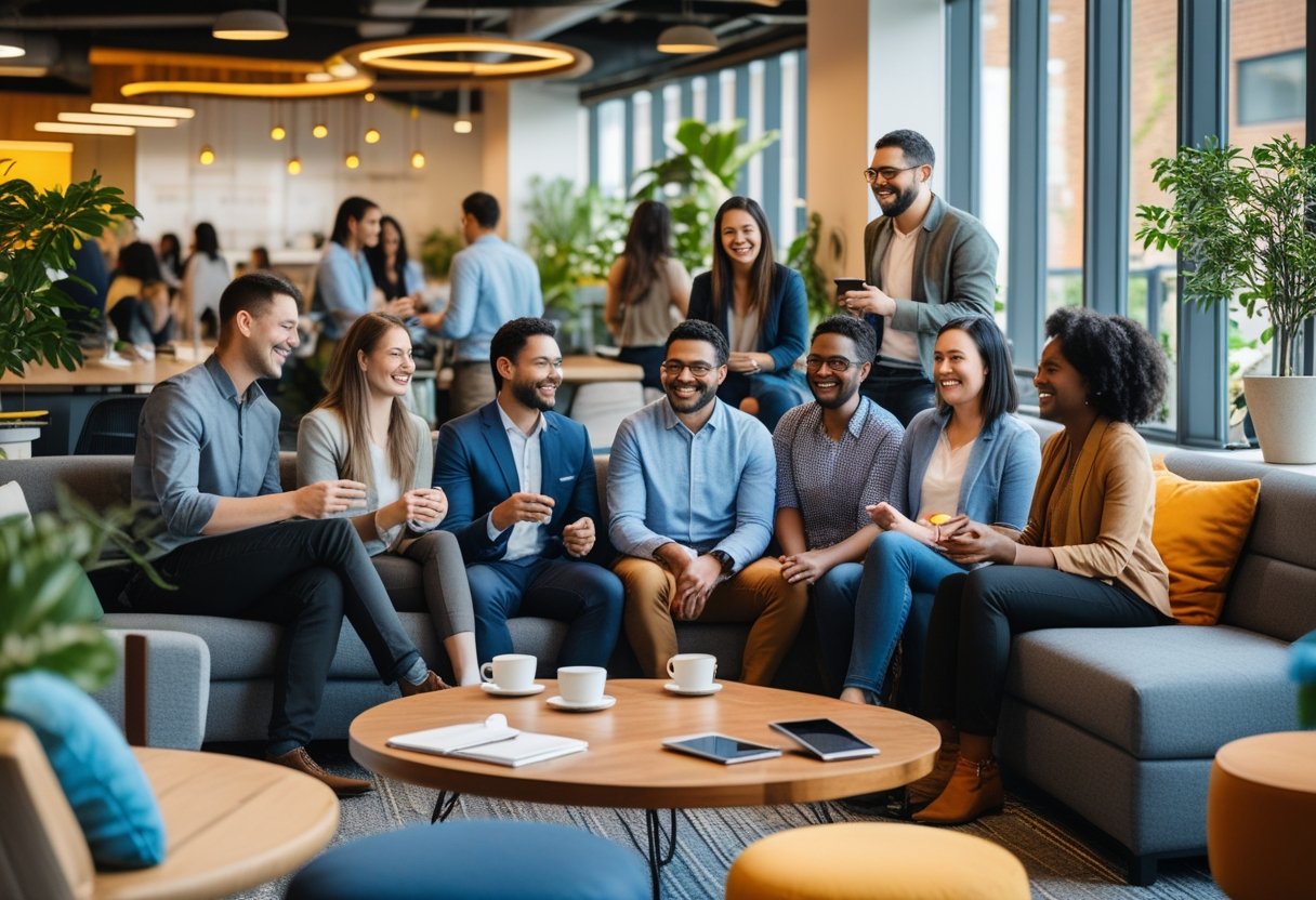 Diverse employees talking and collaborating in a bright, open office lounge area with plants and large windows.