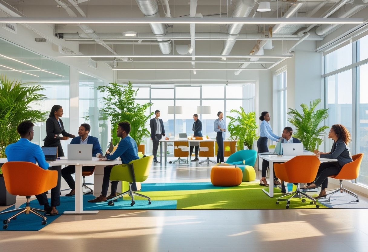 A bright, modern office with employees working together at desks surrounded by plants and natural light.