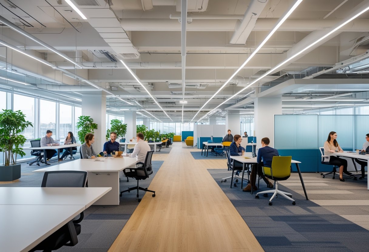 An open office with different work areas where people are collaborating, working alone, and moving around in a bright, spacious environment.