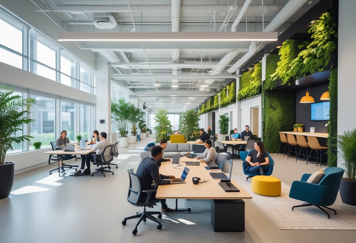 A modern office with natural light, ergonomic furniture, plants, and employees working and collaborating in an open, comfortable space.