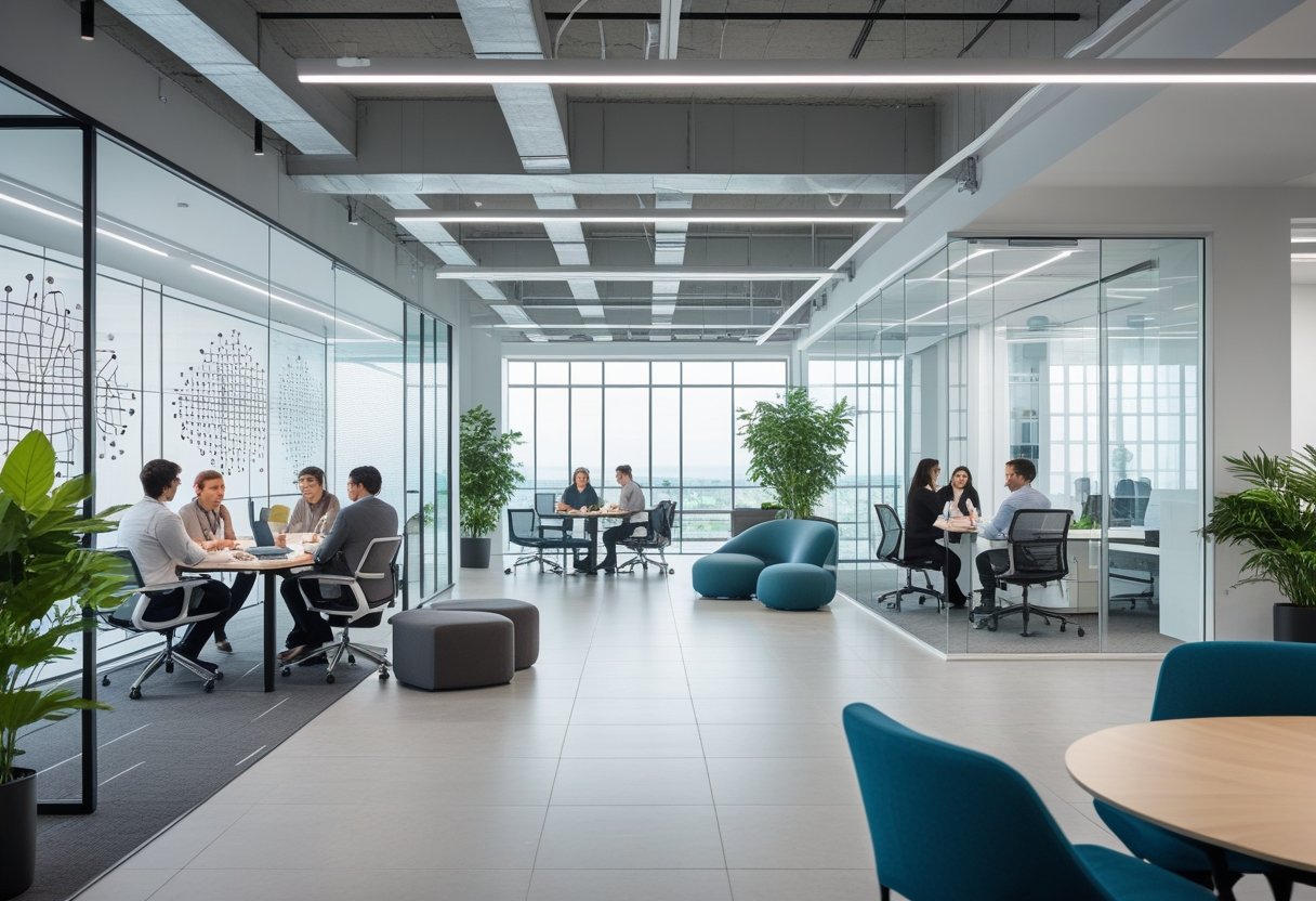 An open office space with people working individually and in groups, featuring natural light, plants, and modern furniture arranged to support different work activities.