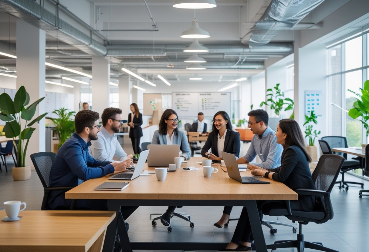 A diverse group of professionals collaborating around a table in a bright, modern office with plants and large windows.