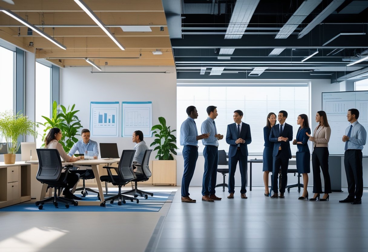 A modern office space with a collaborative work area on one side and a group of professionals having a meeting on the other side.