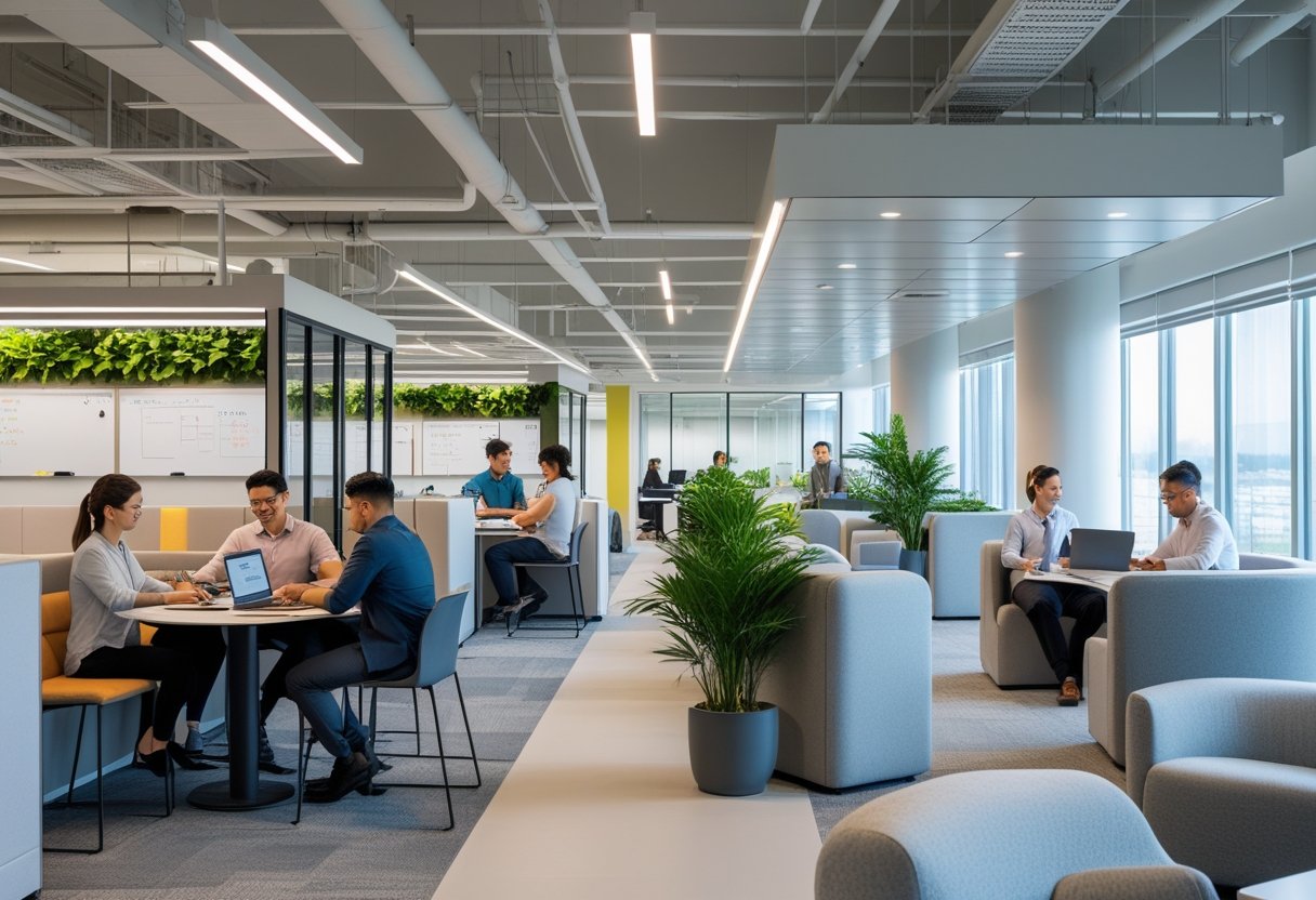 Employees working in a modern open office with flexible seating and natural light, engaged in both collaboration and focused tasks.