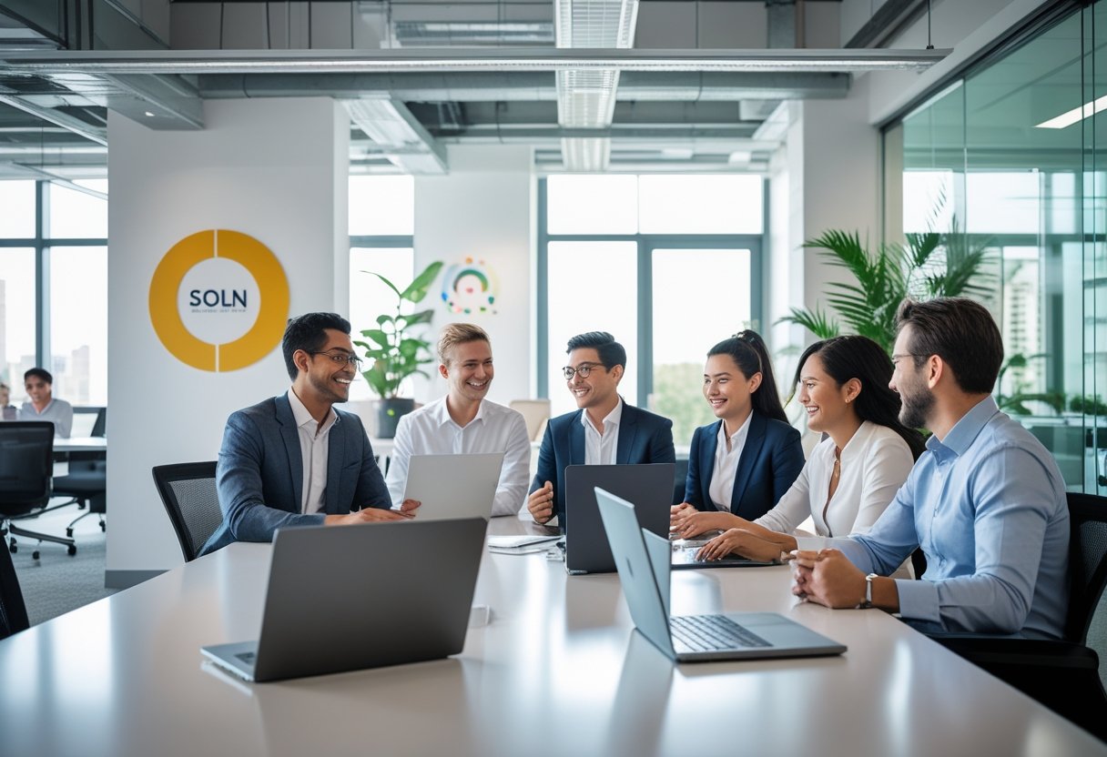 A group of diverse professionals working and collaborating in a bright modern office with branded decor and natural light.