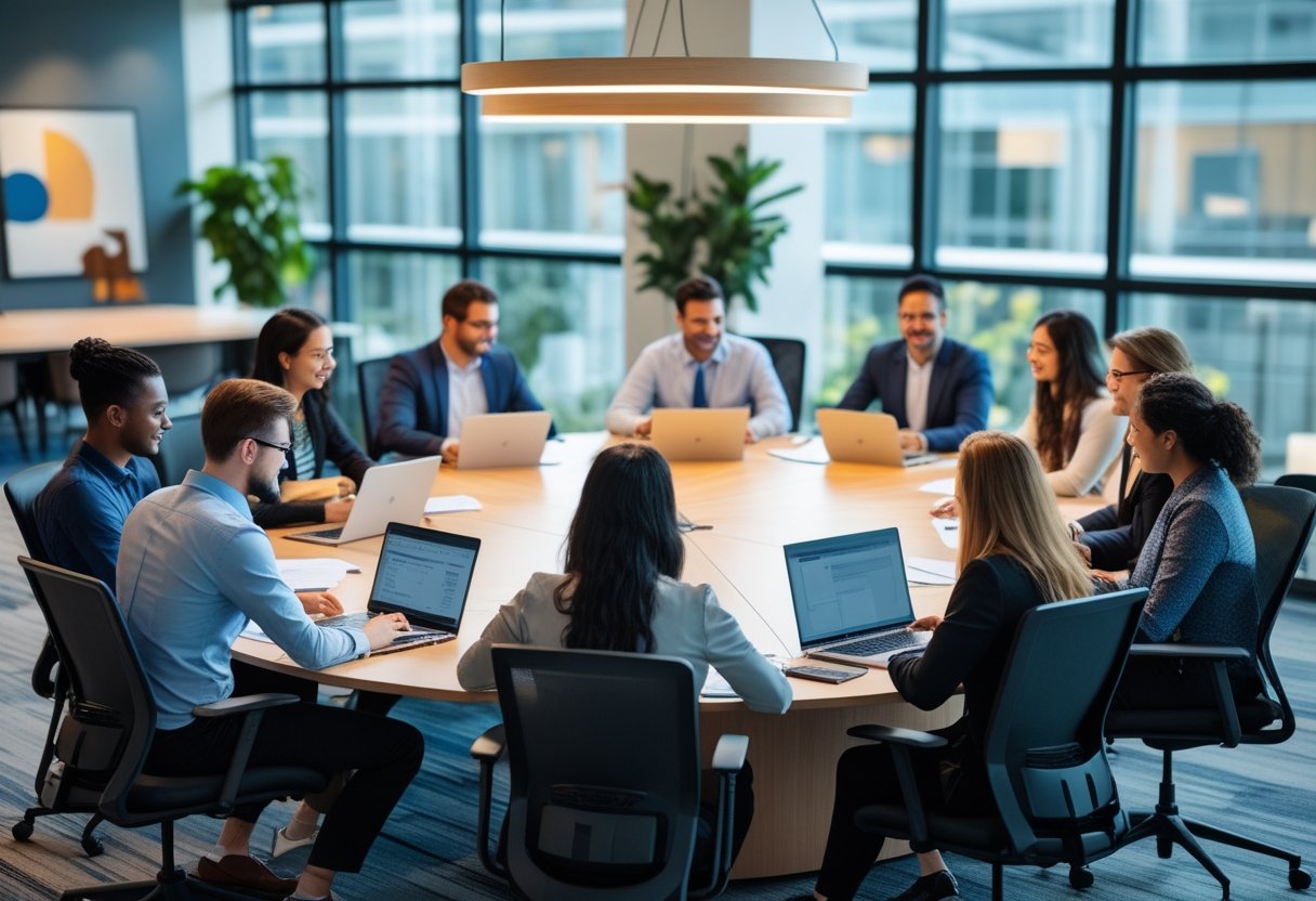 A group of employees collaborating around a conference table in a bright modern office.