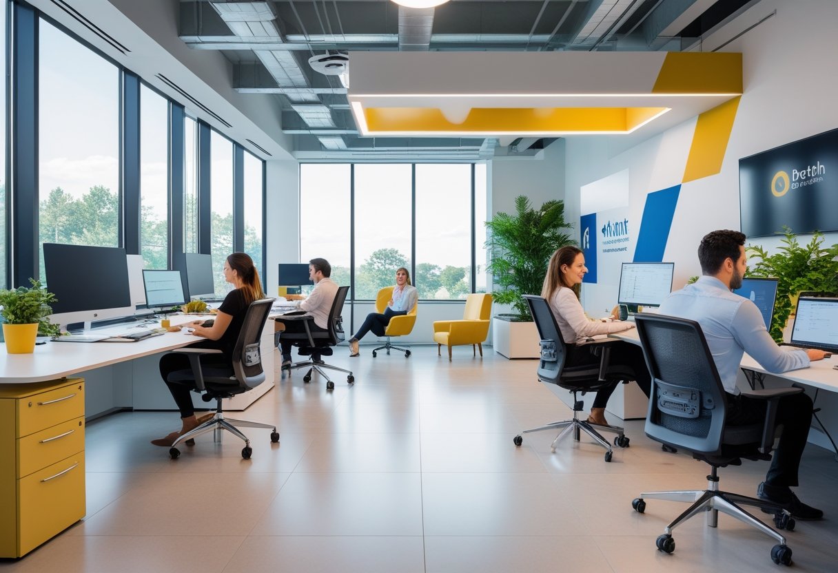 A modern office interior with employees working and collaborating in a bright, well-lit space featuring branded colors and contemporary furniture.