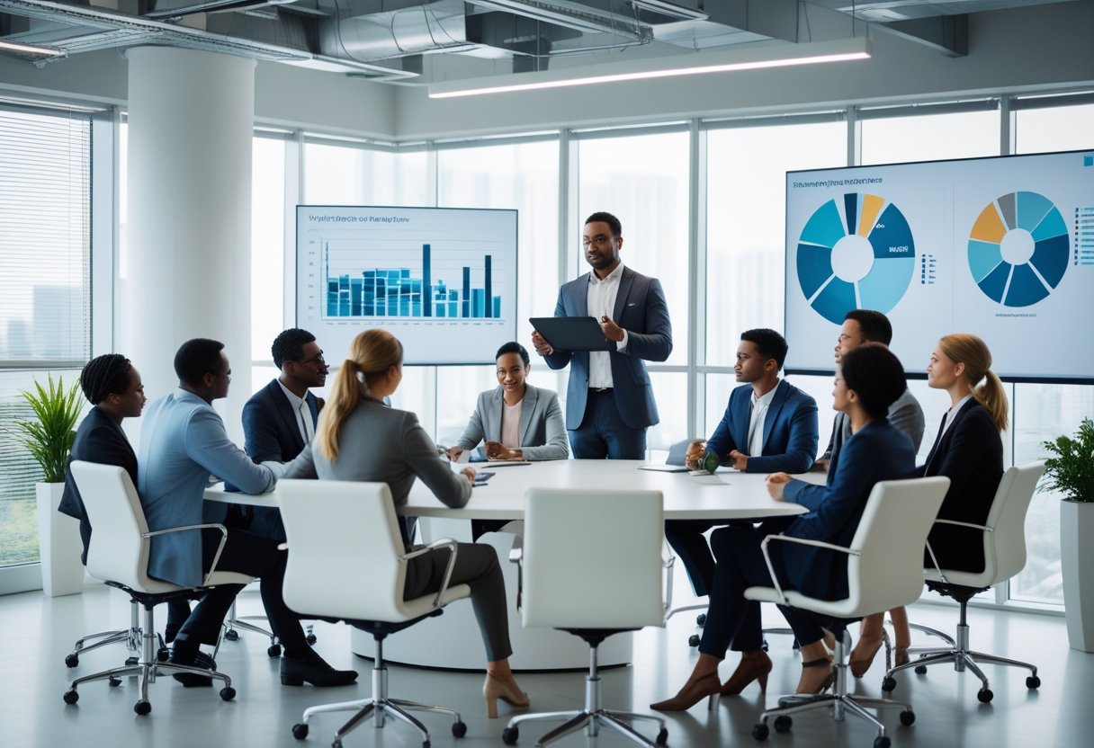 A group of business professionals in a modern office having a meeting, with a leader speaking and others listening attentively.