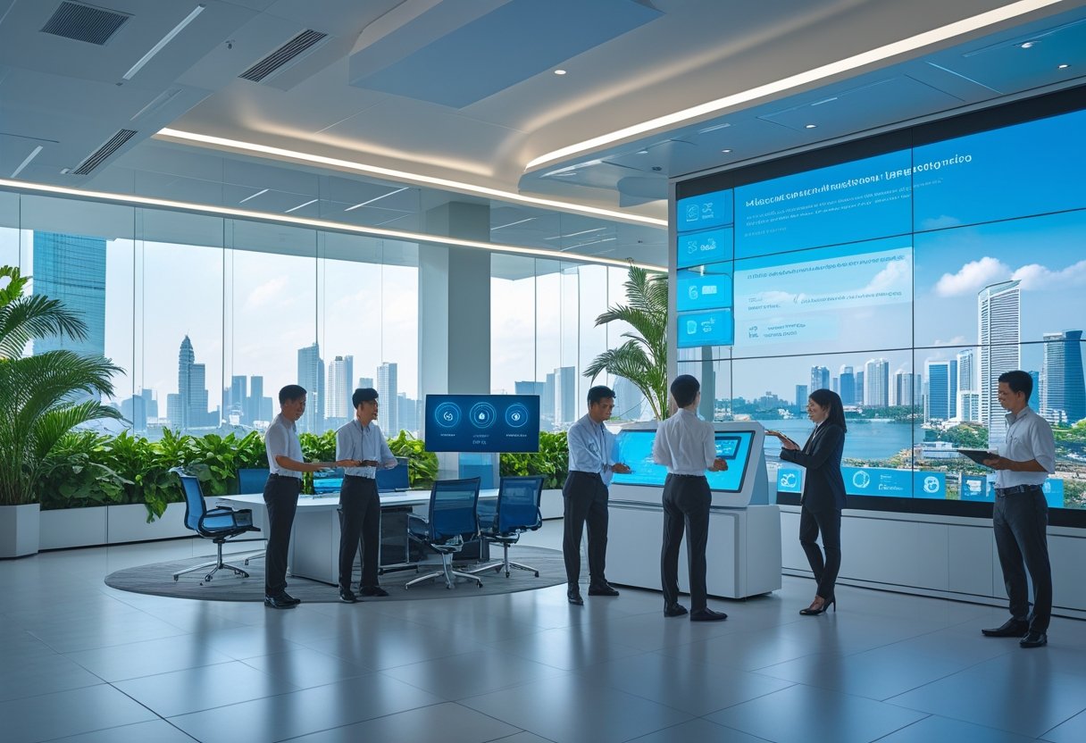 A group of Indonesian office workers using advanced audiovisual technology in a modern office with large digital screens and city views.
