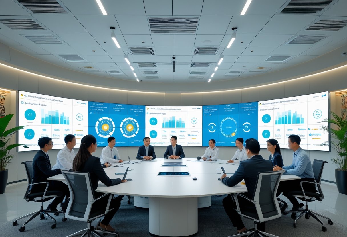 A group of professionals collaborating in a modern office with large digital screens and advanced audiovisual equipment.