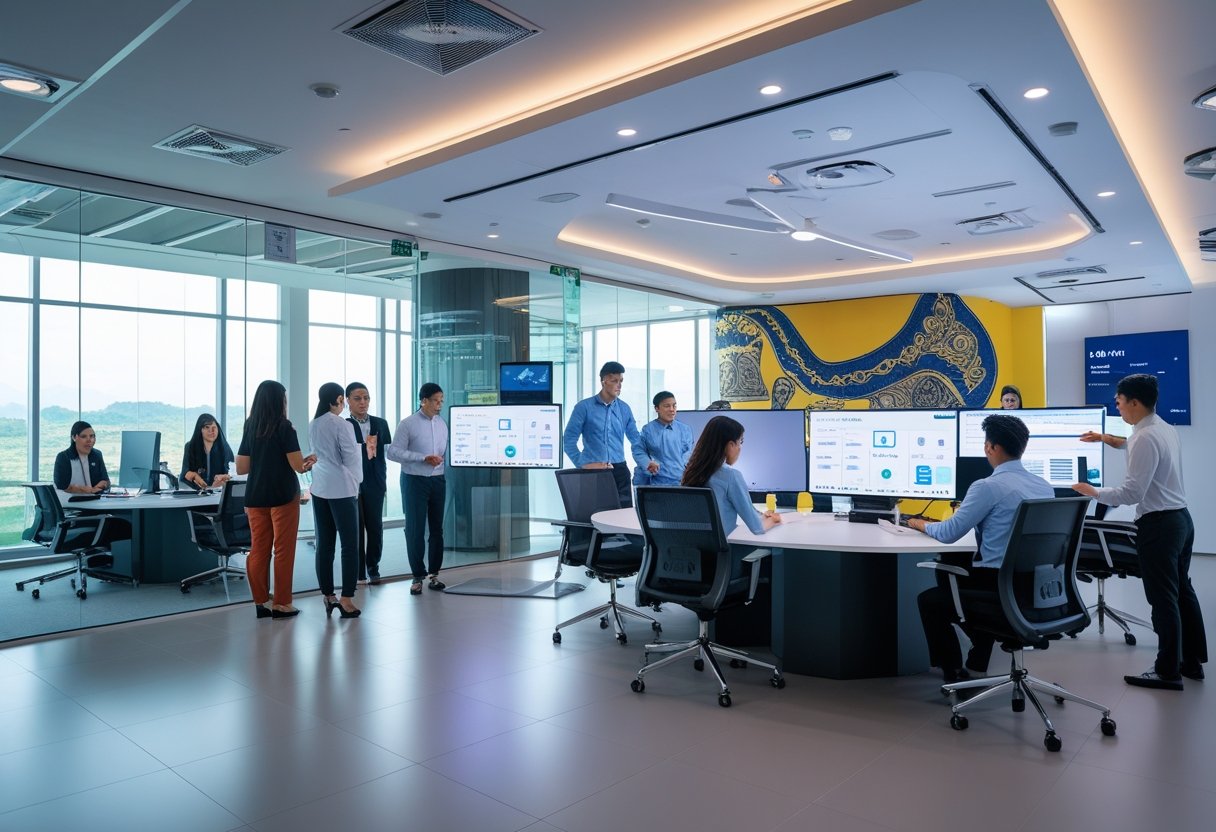 A group of professionals working together in a modern office equipped with advanced audiovisual technology and digital displays.