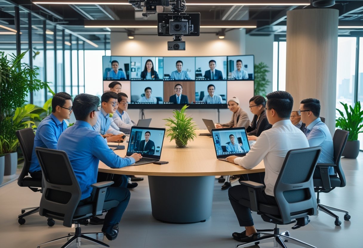 Indonesian professionals collaborating in a modern office using video conferencing technology for hybrid work.