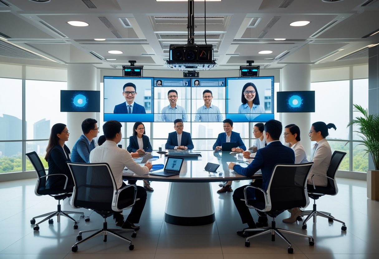A group of Indonesian professionals collaborating in a modern office with advanced audiovisual equipment, some attending in person and others joining remotely via video call.