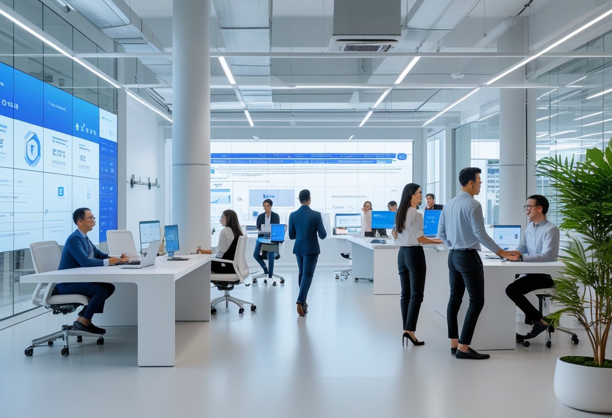 A modern office with professionals using advanced digital screens and smart devices in a bright, collaborative workspace.