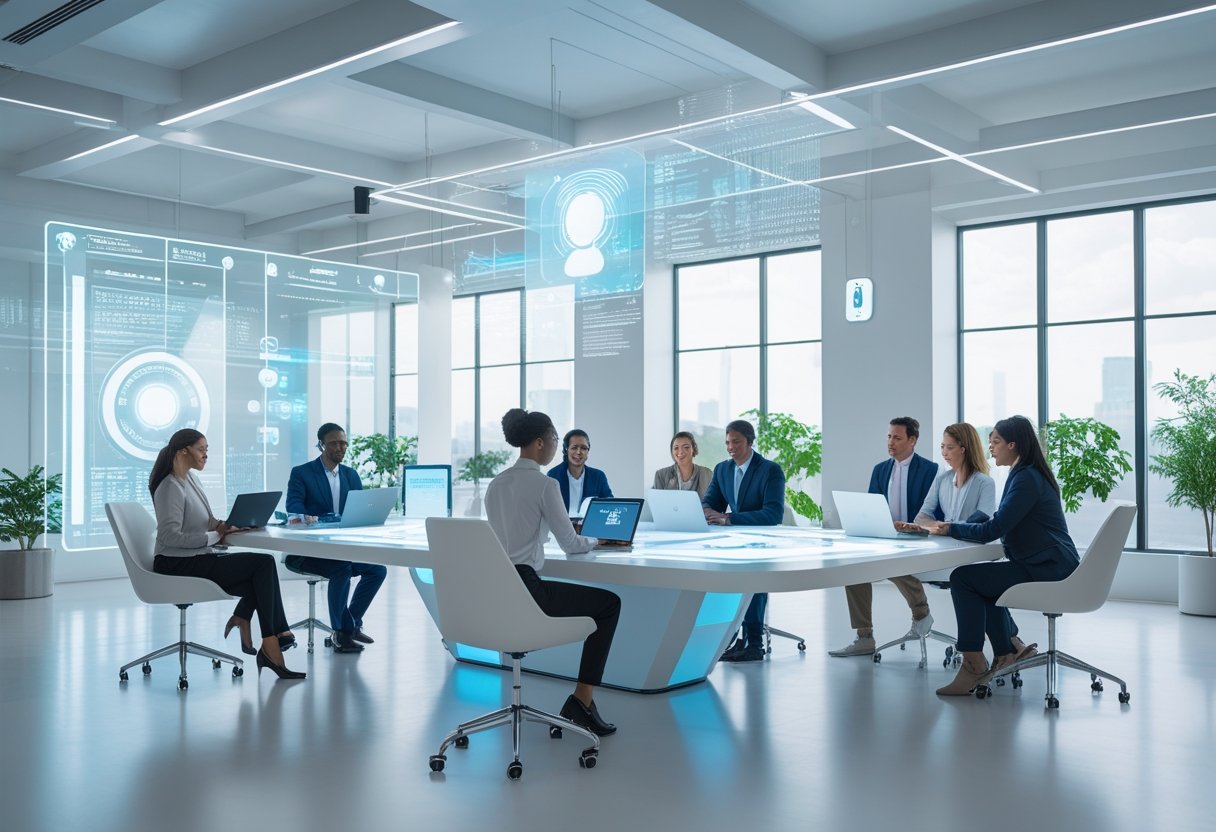 A modern office with professionals collaborating around a table using advanced technology in a bright, spacious workspace.