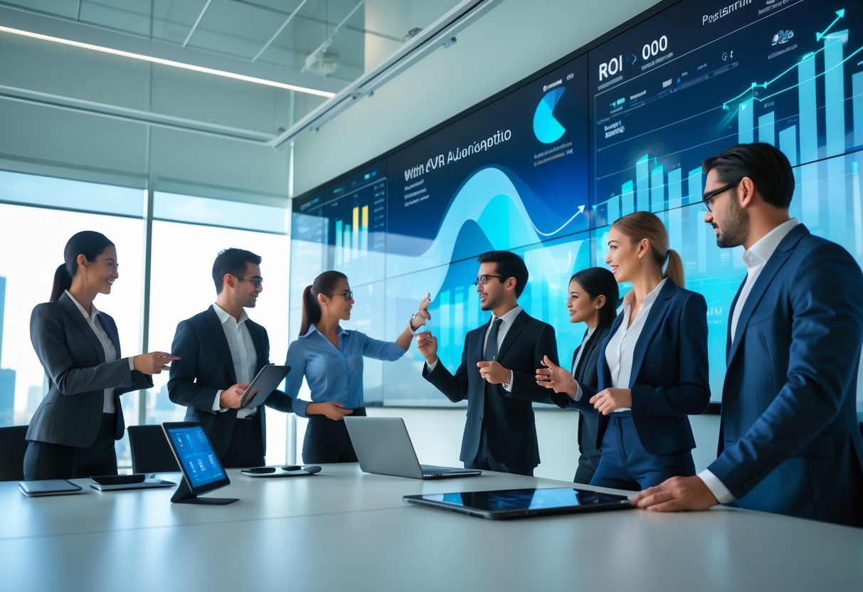 Business professionals collaborating around a conference table with advanced audiovisual equipment and digital displays showing data in a modern office.