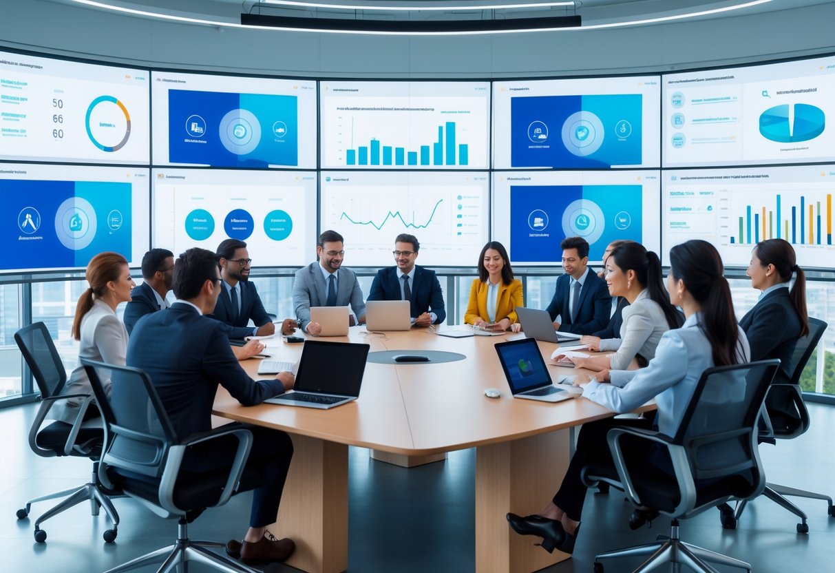 A group of business professionals collaborating around a conference table with digital displays and AV equipment in a modern office.