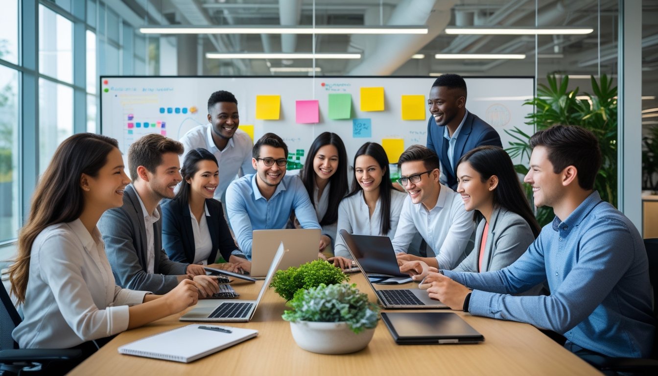 Sekelompok profesional muda sedang bekerja sama di ruang kantor terbuka dengan meja besar, laptop, dan papan tulis berisi catatan warna-warni.