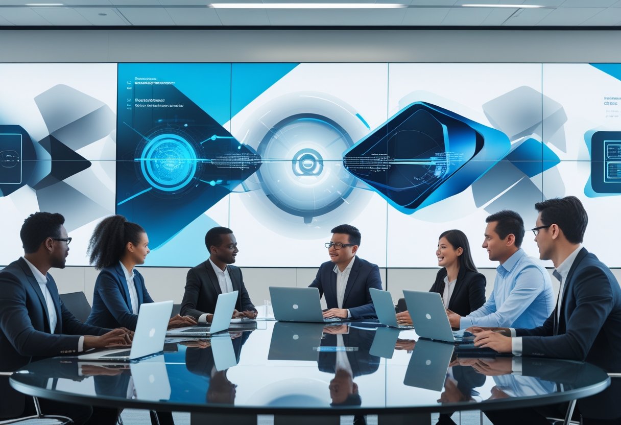 A diverse group of professionals collaborating in a modern conference room with advanced video screens and audiovisual equipment.