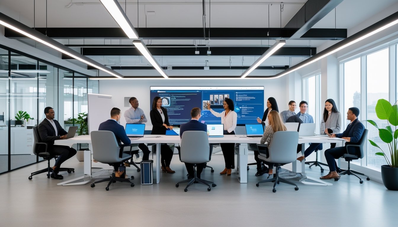 Sejumlah profesional bekerja sama di kantor modern terbuka dengan teknologi canggih dan suasana terang serta ramah.