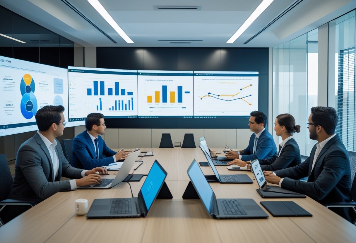 Two groups of business professionals in a modern conference room discussing and comparing communication and audiovisual technologies.