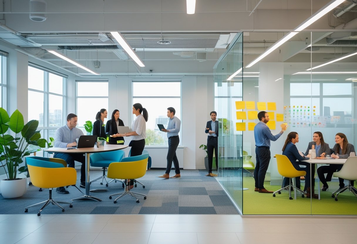 A modern office with diverse professionals working in different areas, including collaboration, focused individual work, and team brainstorming.