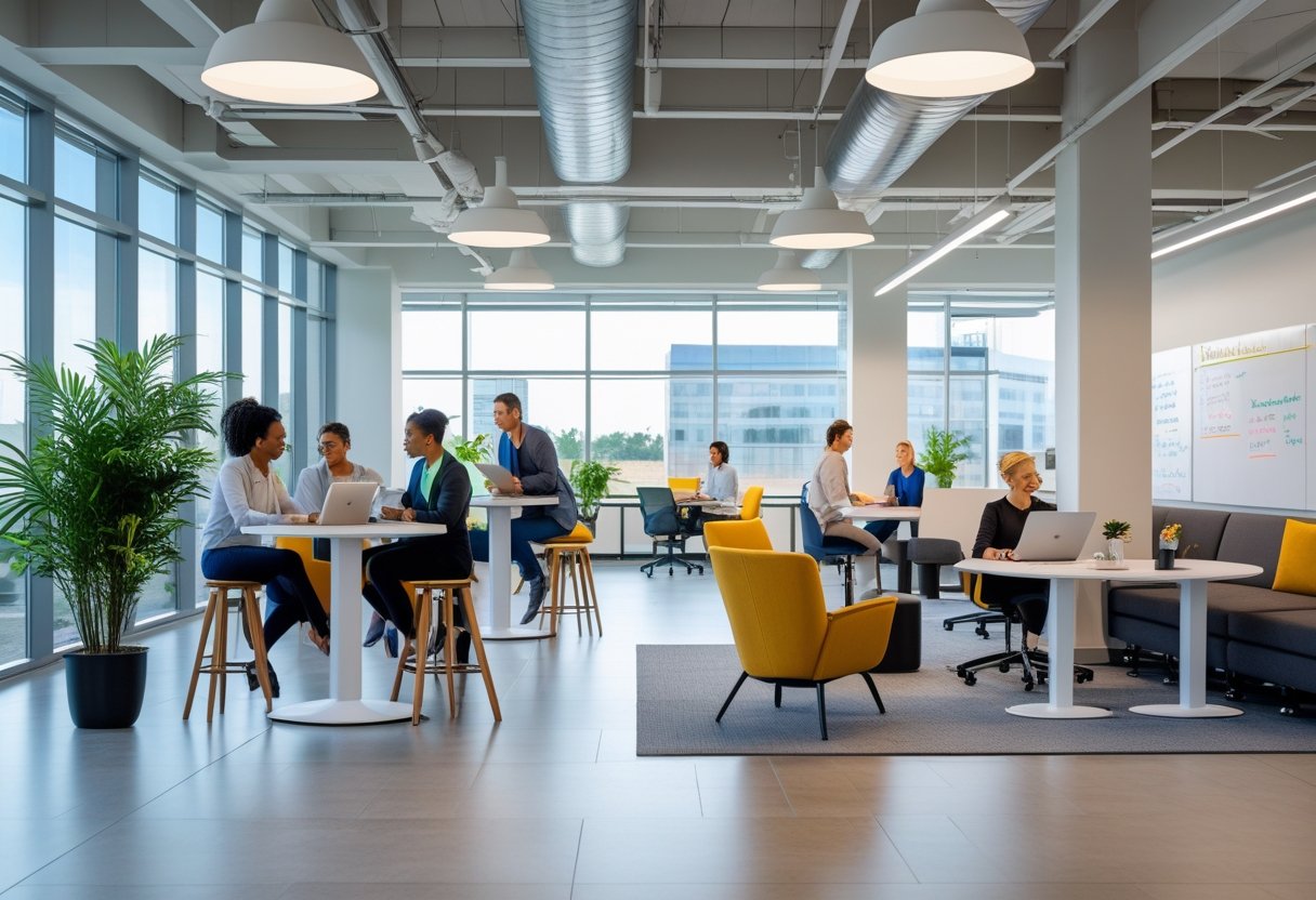 An open-plan office with diverse employees working individually and in groups, using modern furniture and digital devices in a bright, collaborative workspace.