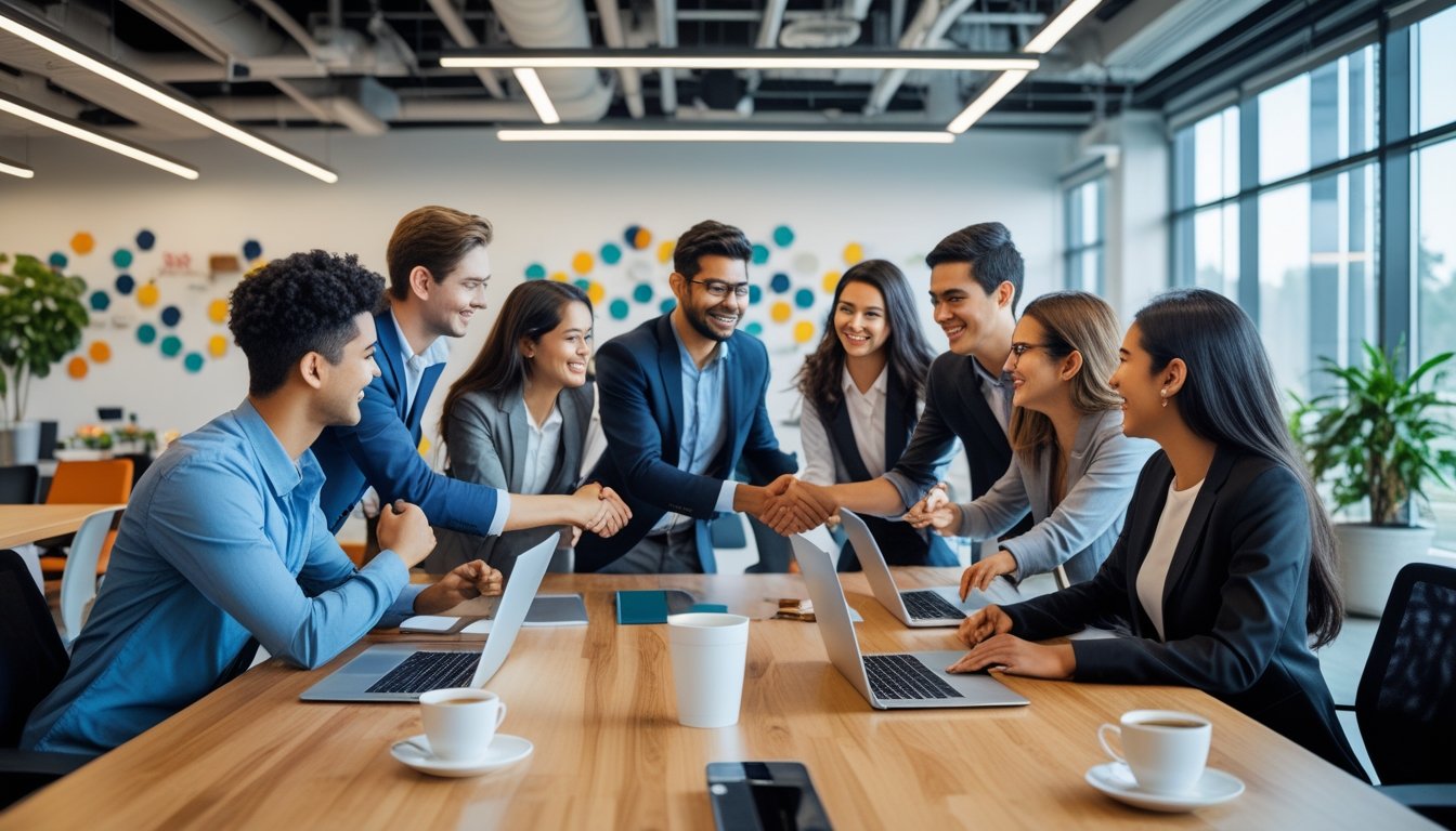 Sekelompok profesional muda berinteraksi dan bekerja sama di kantor modern yang terang dan nyaman.