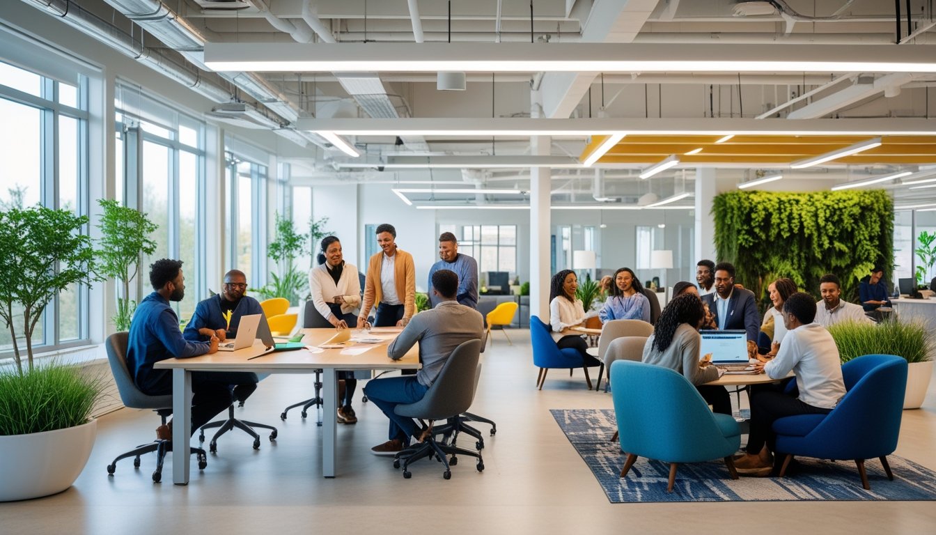 Suasana kantor modern dengan orang-orang yang sedang berinteraksi dan belajar bersama di ruang terbuka yang terang dan nyaman.