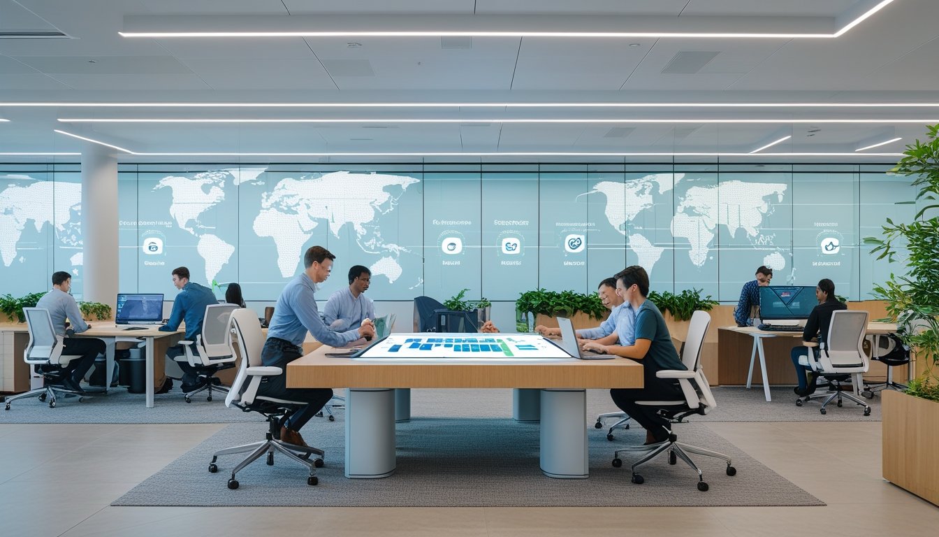 Orang-orang bekerja di kantor modern dengan berbagai zona aktivitas, menggunakan teknologi dan perangkat digital untuk mendukung cara kerja berbasis aktivitas.