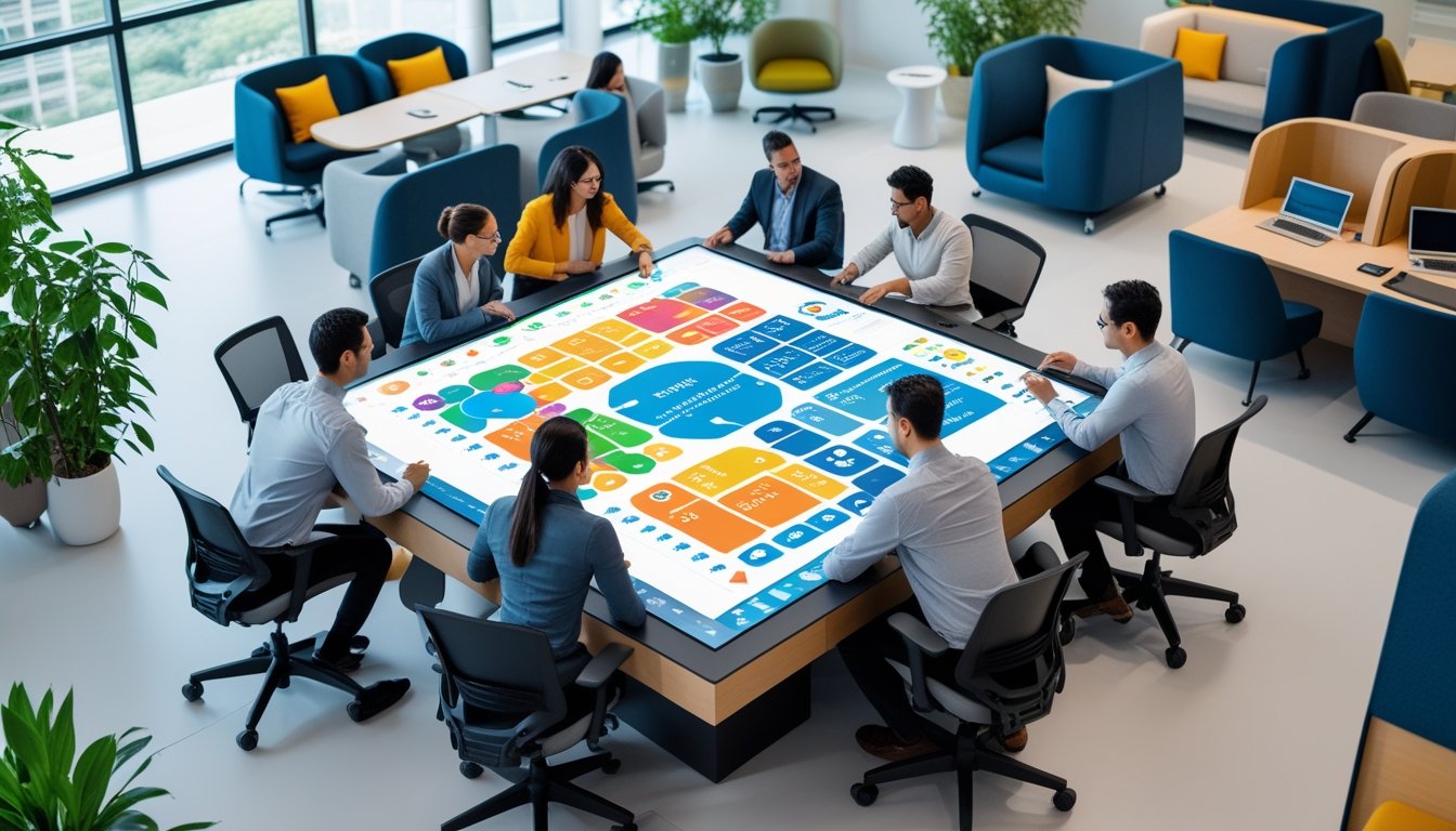 Beberapa pekerja kantor sedang berkolaborasi di sekitar meja digital dengan grafik data, di ruang kerja modern yang terang dan dilengkapi teknologi canggih.