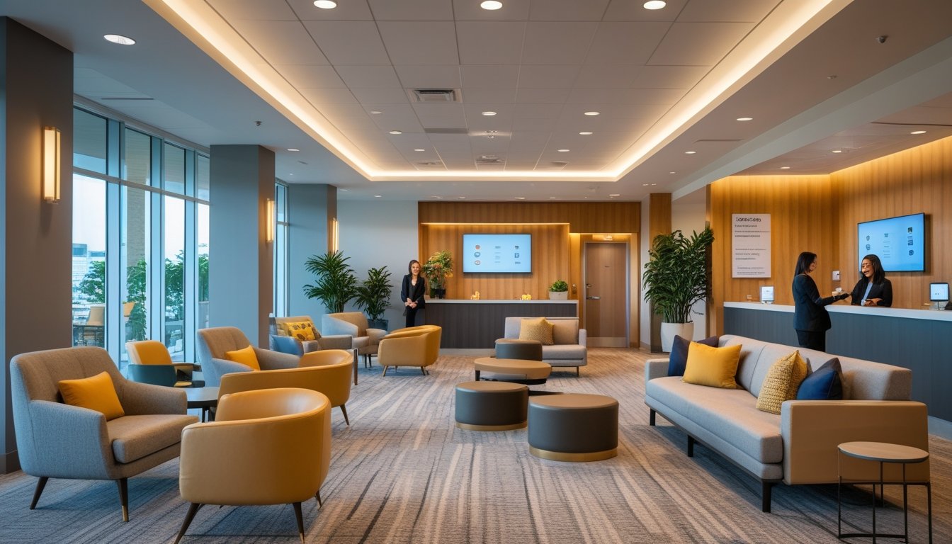 Area lounge kantor modern dengan tempat duduk nyaman, pencahayaan hangat, dan staf yang ramah membantu pengunjung.