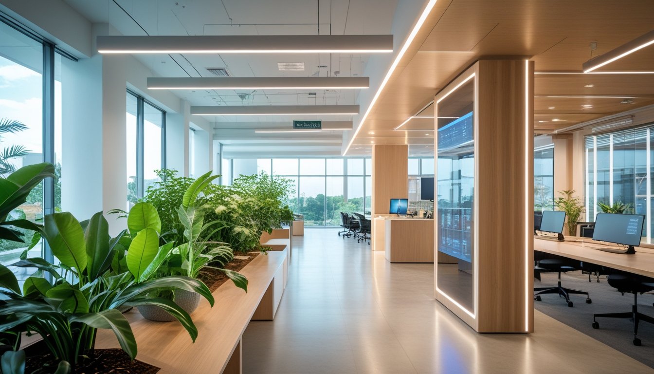 Ruang kantor modern dengan tanaman hijau, cahaya alami, dan perangkat teknologi canggih yang menyatu untuk meningkatkan kenyamanan dan performa kognitif.