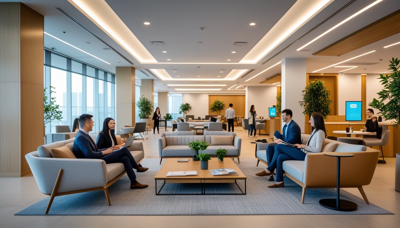 Area lounge kantor modern dengan sofa nyaman, meja kopi, tanaman, dan beberapa orang sedang berbincang dan bekerja di ruang terbuka.