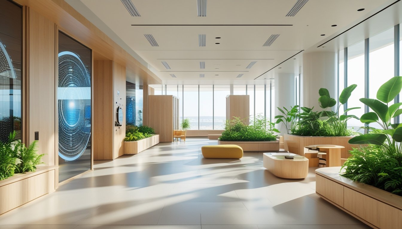 Ruangan modern dengan tanaman hijau, cahaya alami, dan peralatan teknologi canggih yang terintegrasi.