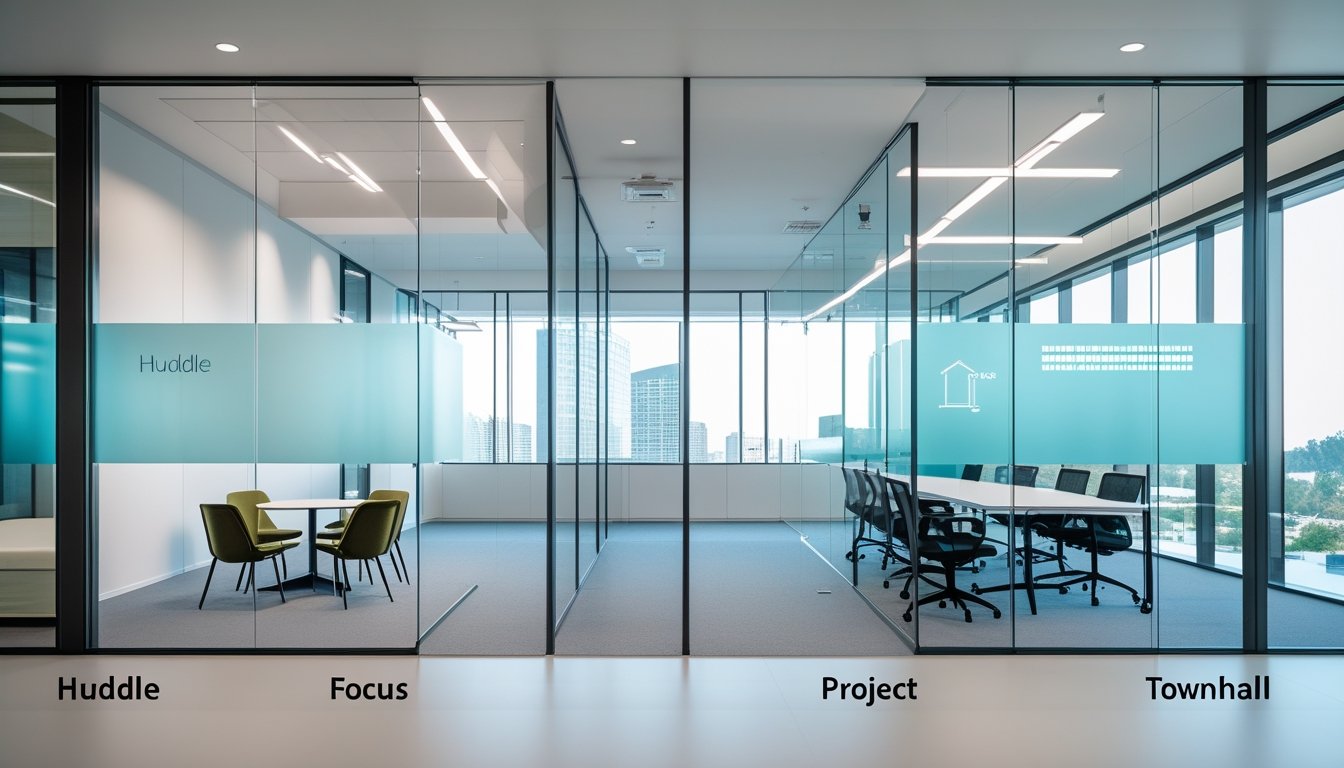 Interior kantor modern dengan empat ruang rapat berbeda: ruang kecil untuk diskusi cepat, ruang fokus untuk kerja individu, ruang proyek untuk kolaborasi tim, dan ruang townhall untuk pertemuan besar.