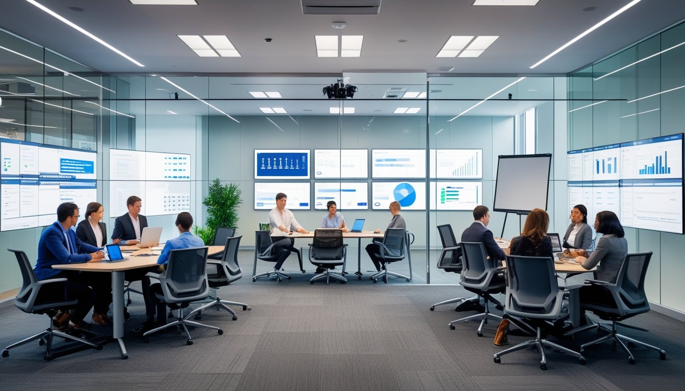 Ruang rapat modern dengan beberapa kelompok orang yang sedang berdiskusi dan bekerja menggunakan perangkat teknologi canggih.