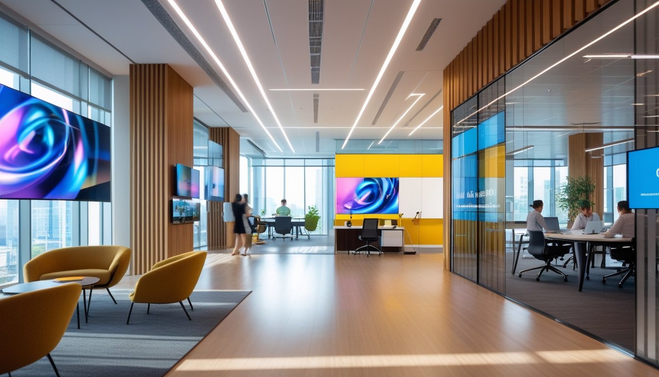 Interior kantor modern dengan desain yang mencerminkan identitas merek melalui elemen audiovisual dan desain interior, menampilkan ruang kerja terbuka dengan perabotan kontemporer dan pencahayaan hangat.