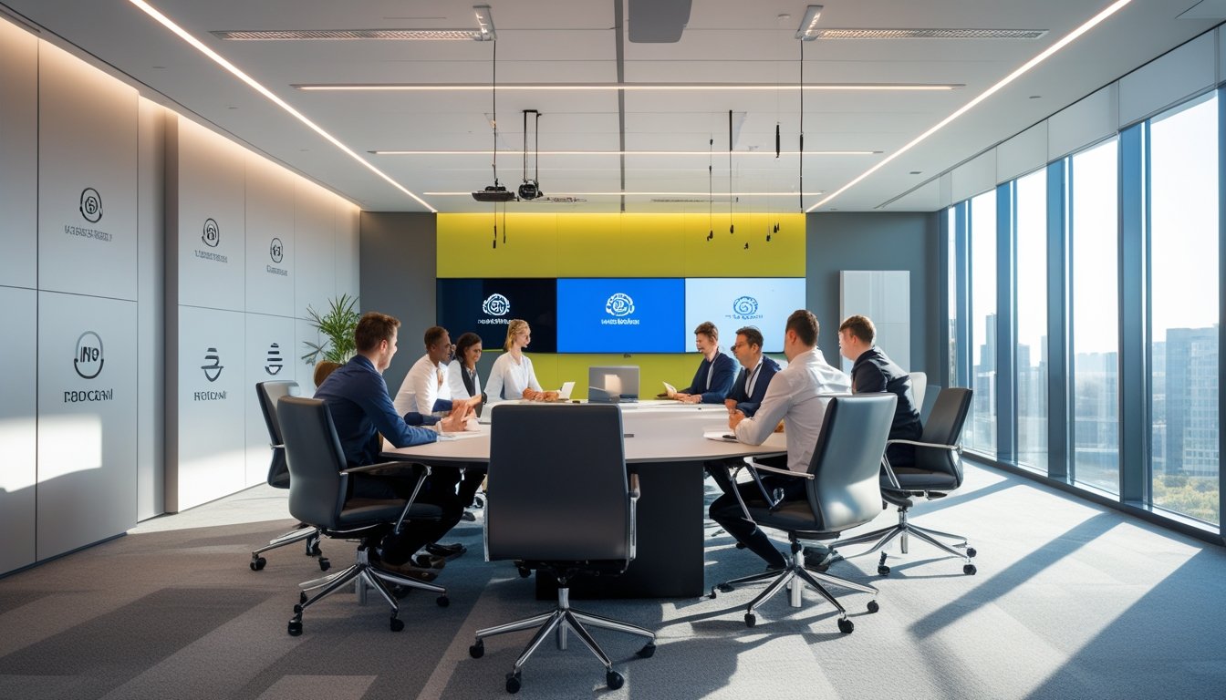 Ruang kantor modern dengan furnitur kontemporer dan peralatan audiovisual, menampilkan karyawan yang bekerja sama di meja konferensi besar.