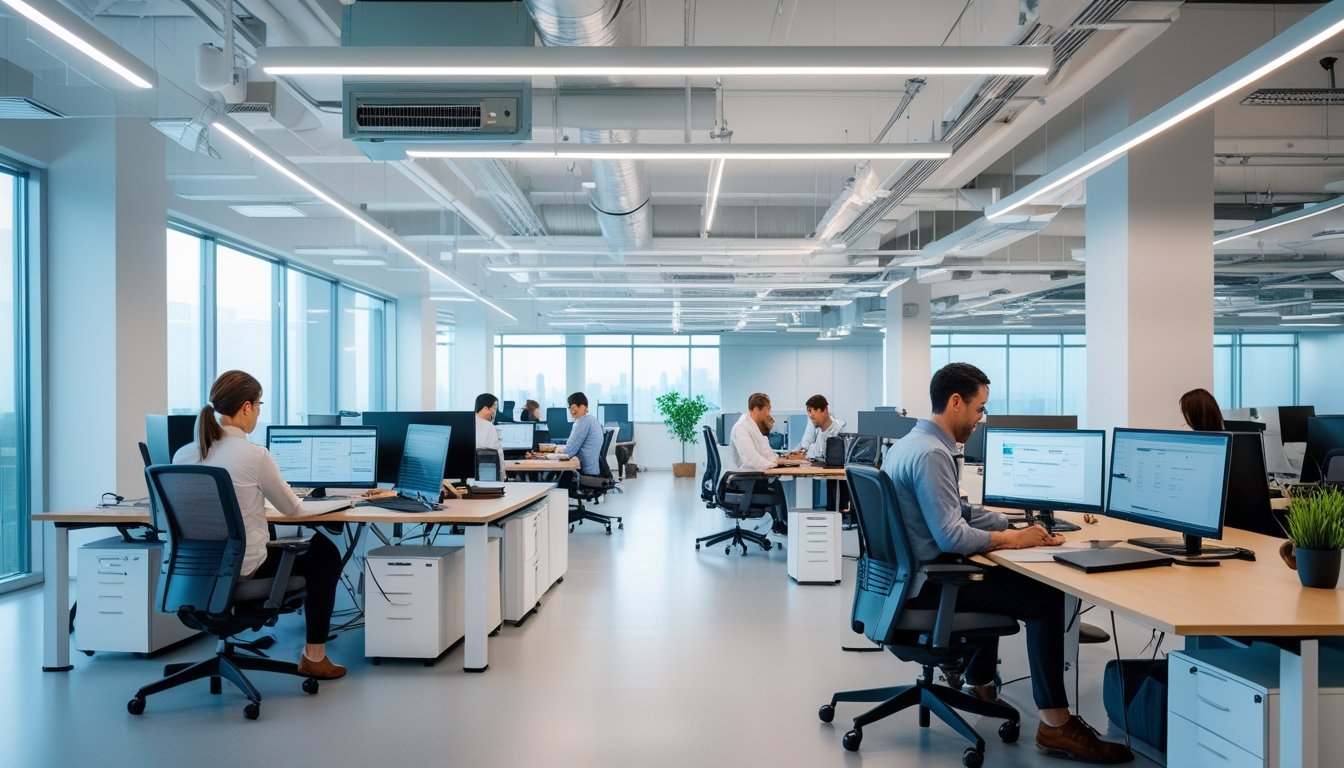 Suasana kantor modern dengan pencahayaan terang, udara bersih, furnitur ergonomis, dan teknologi canggih, menampilkan orang-orang bekerja dengan fokus.