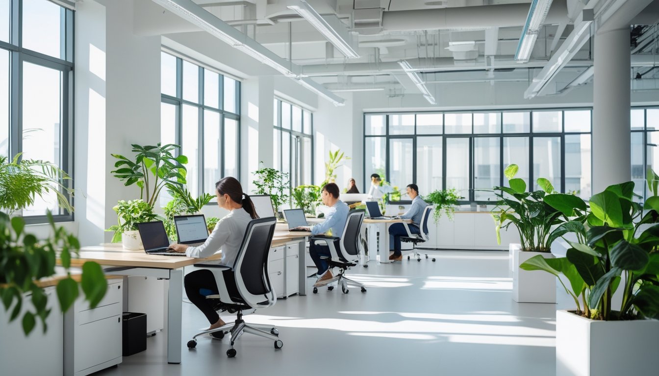 Ruang kantor modern dengan pencahayaan alami, tanaman, dan perabot ergonomis, menampilkan orang-orang yang bekerja dengan perangkat teknologi.