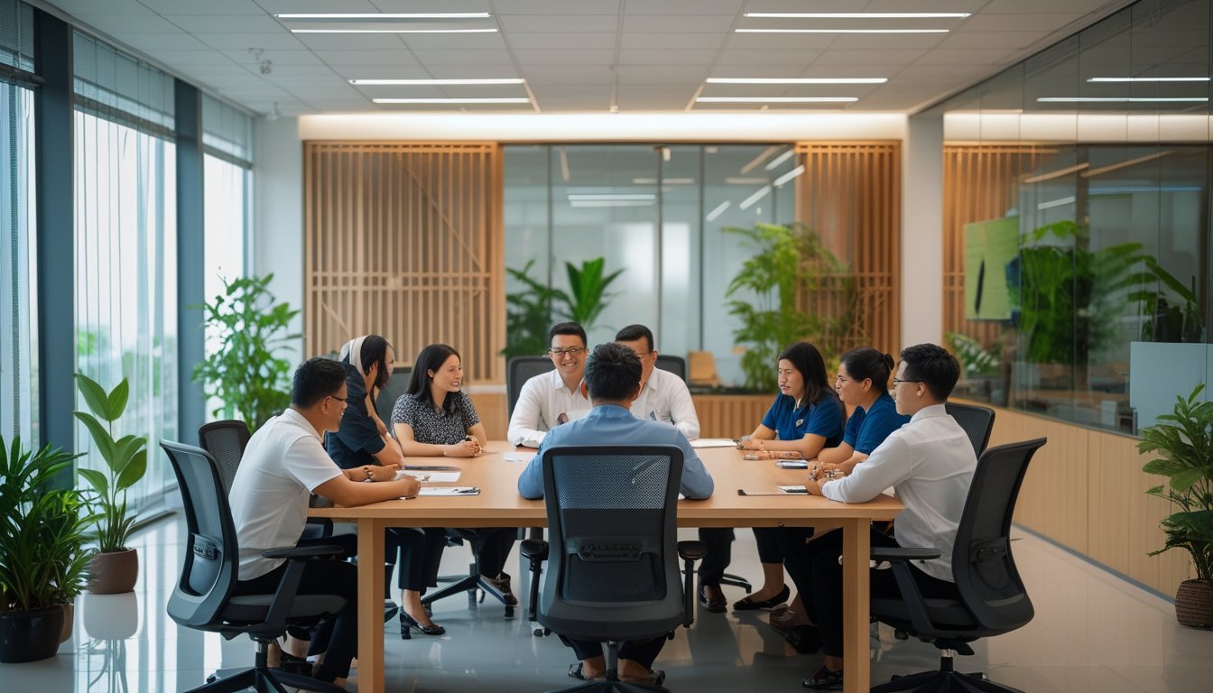 Sekelompok pekerja kantor Indonesia sedang berdiskusi bersama di ruang kerja modern yang nyaman dengan pencahayaan alami dan elemen dekorasi tradisional.