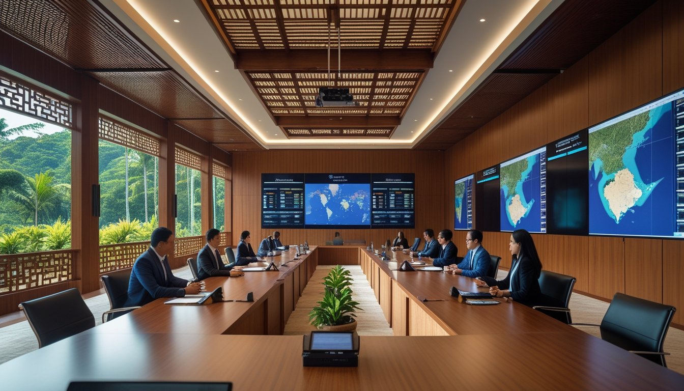 Ruang kantor modern dengan meja rapat, area pertemuan bertingkat, dan layar digital, menggabungkan elemen arsitektur tradisional Indonesia.