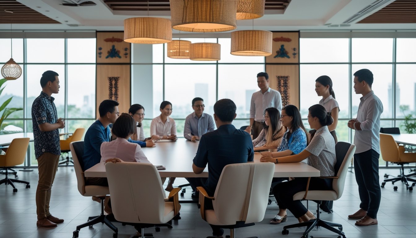 Suasana kantor modern di Indonesia dengan beberapa orang bekerja sama dalam diskusi kelompok di ruang terbuka.