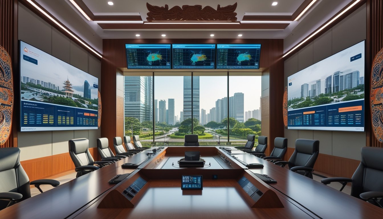 Ruang kendali modern dengan meja konferensi, layar digital besar, dan pemandangan kota di luar jendela.