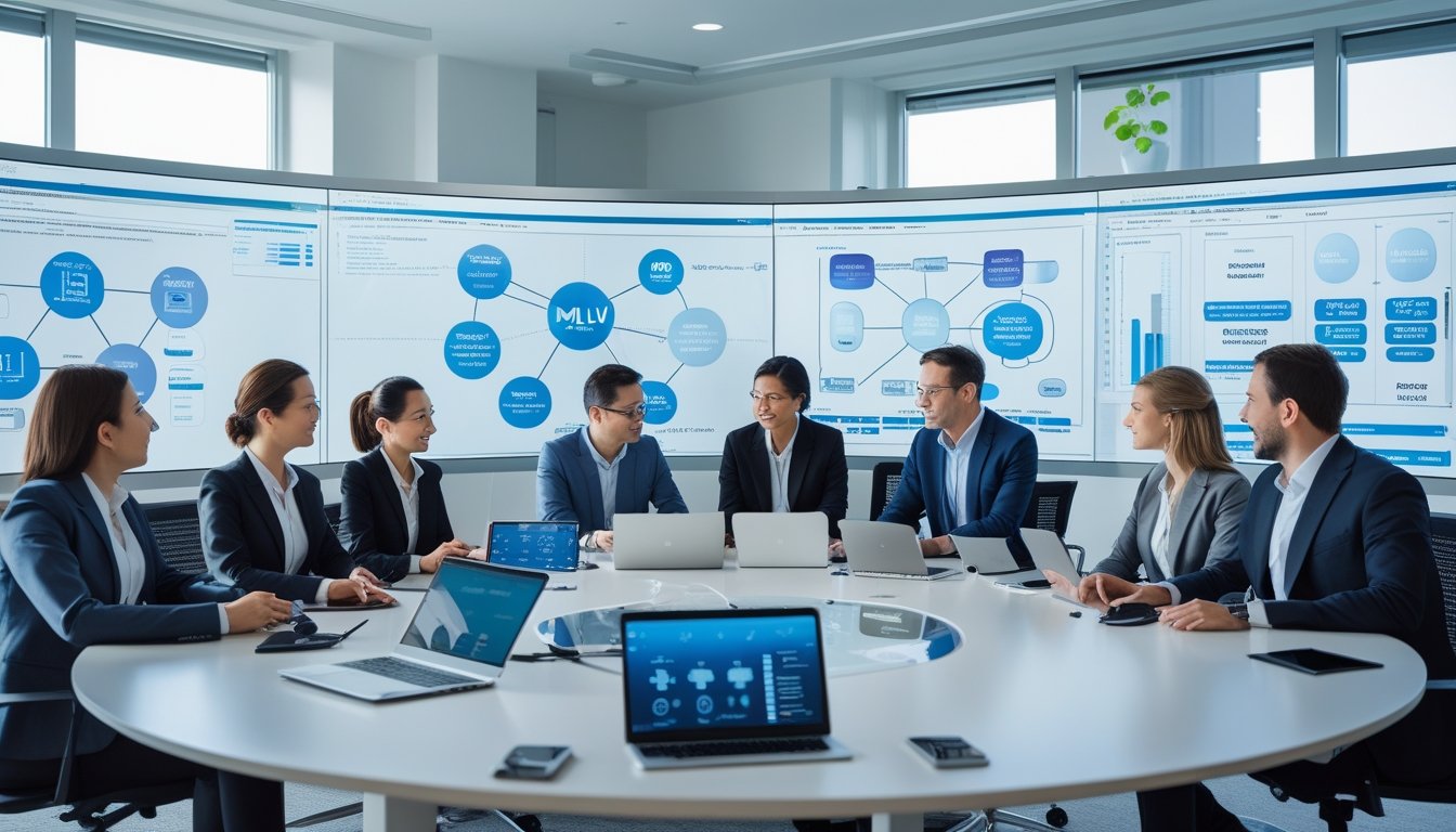 Sekelompok profesional bisnis sedang berdiskusi di ruang rapat modern dengan peralatan teknologi dan layar digital.