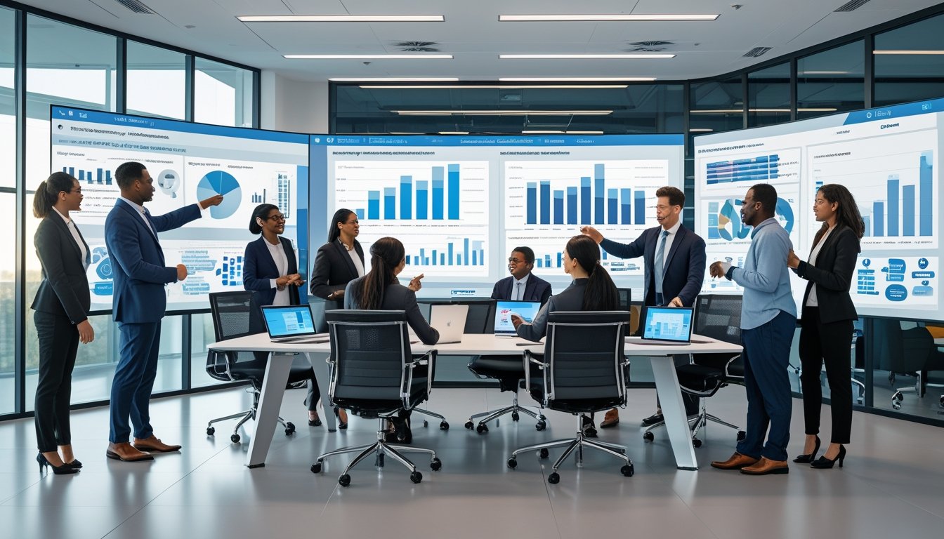 Sejumlah profesional bisnis sedang berdiskusi di ruang kantor modern dengan layar digital menampilkan grafik dan data, menunjukkan kolaborasi dan pengambilan keputusan.