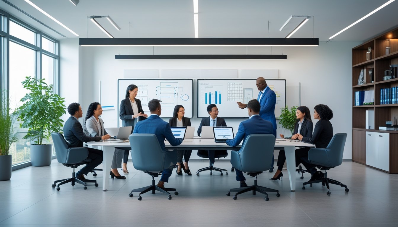 Sekelompok pemimpin bisnis sedang berdiskusi dan bekerja sama di ruang kantor modern yang terang dan rapi.