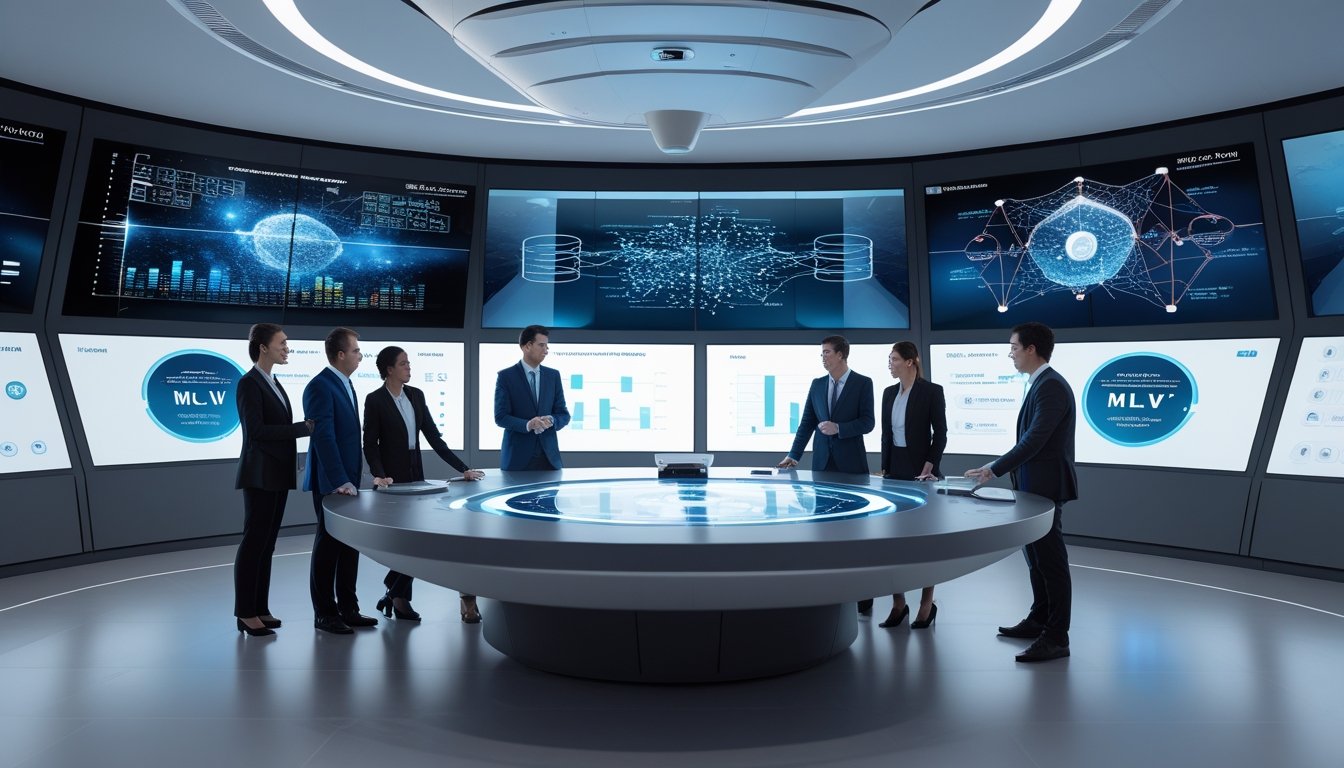 Sejumlah profesional bekerja sama di ruang konferensi modern dengan layar besar dan perangkat teknologi canggih.